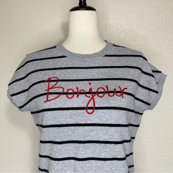 Summer & Sage “Bonjour” Gray Black Striped Ribbed Knit  Sweater Vest, Sz Medium - Picture 2 of 12